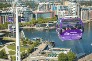 Cable car overlooking the Royal Docks summer splash event