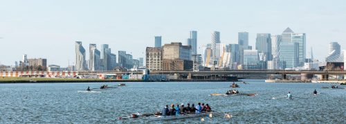 rowers on the water with all of canary wharf in the background