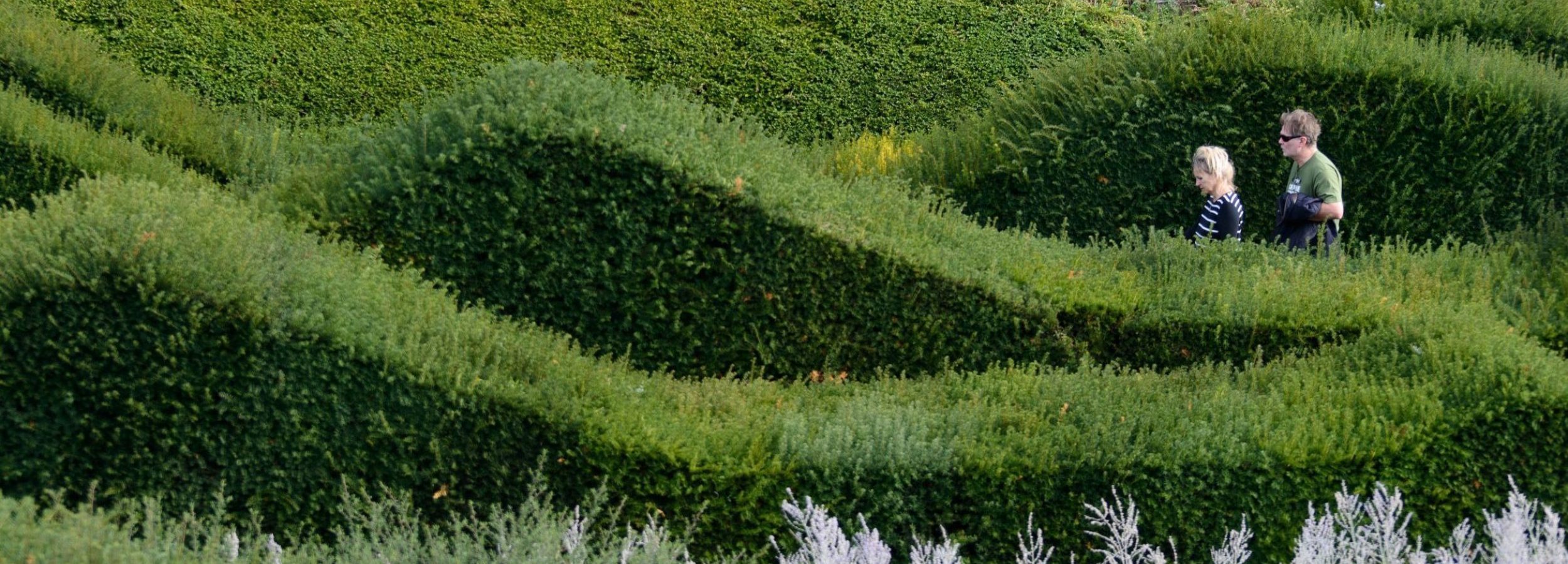 Two people walking through Thames Barrier Park