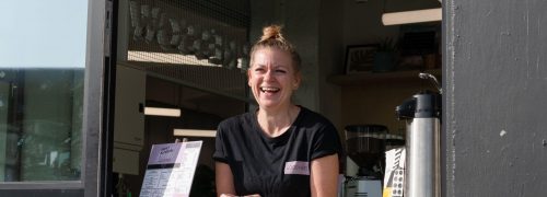 Roxanna at the hatch of Perky Blenders coffeeshop