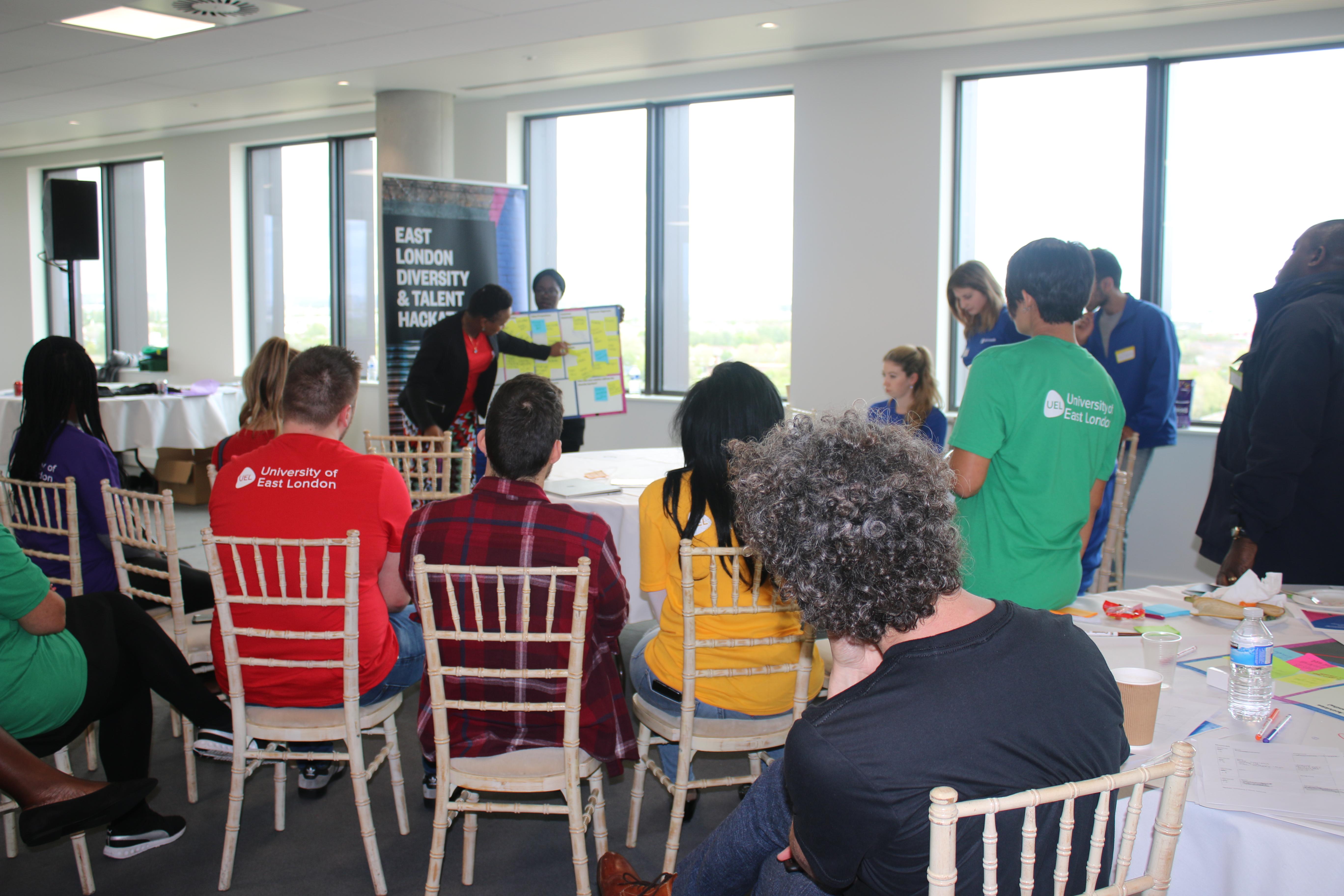 An audience watching on as a person presents their idea board