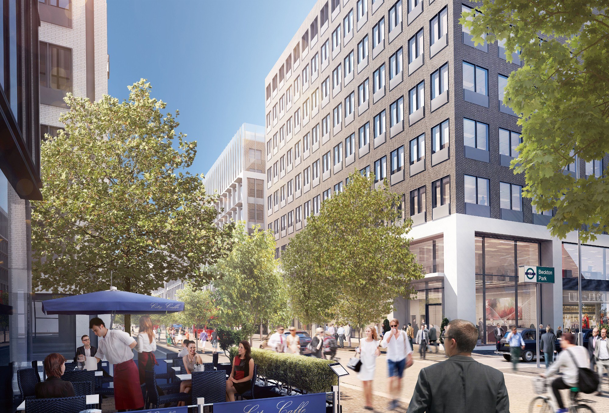 CGI impression of bustling street with people and retail on the ground floor and office buildings on either side