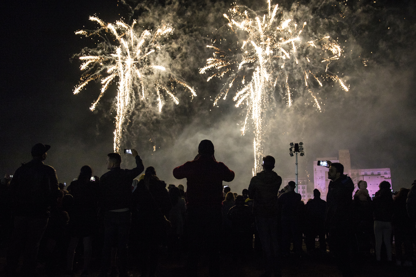 Night sky filled with fireworks with silhouetted crowd looking up at them