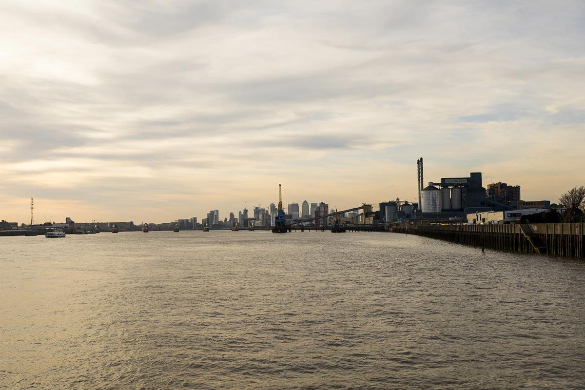 Royal Docks water at sunset