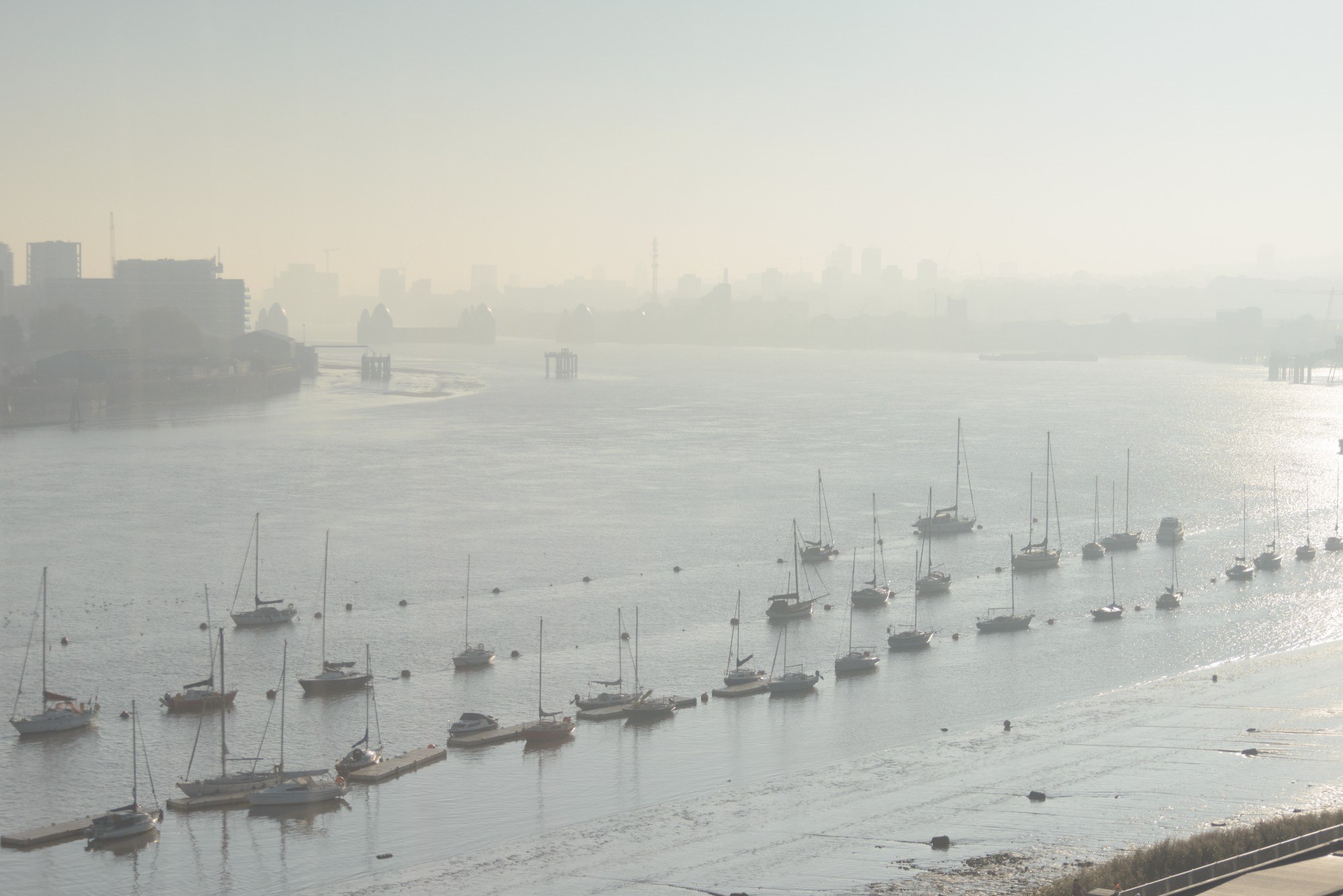 Boats moored in the Thames, seen from above