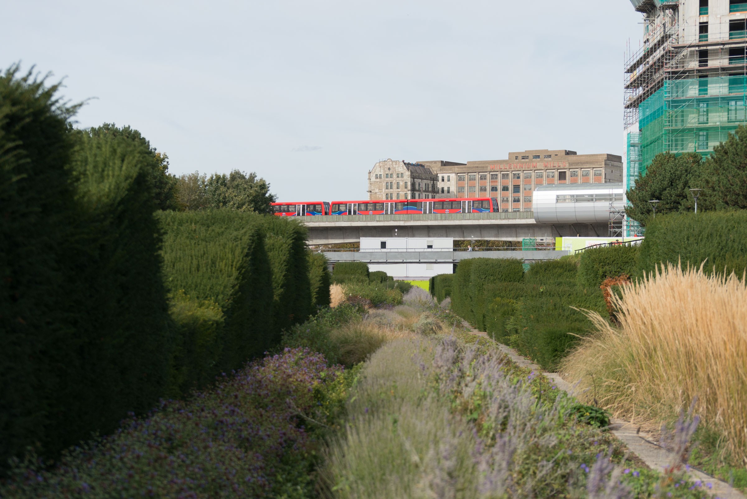 The Thames Barrier Park dock with the DLR train in the background