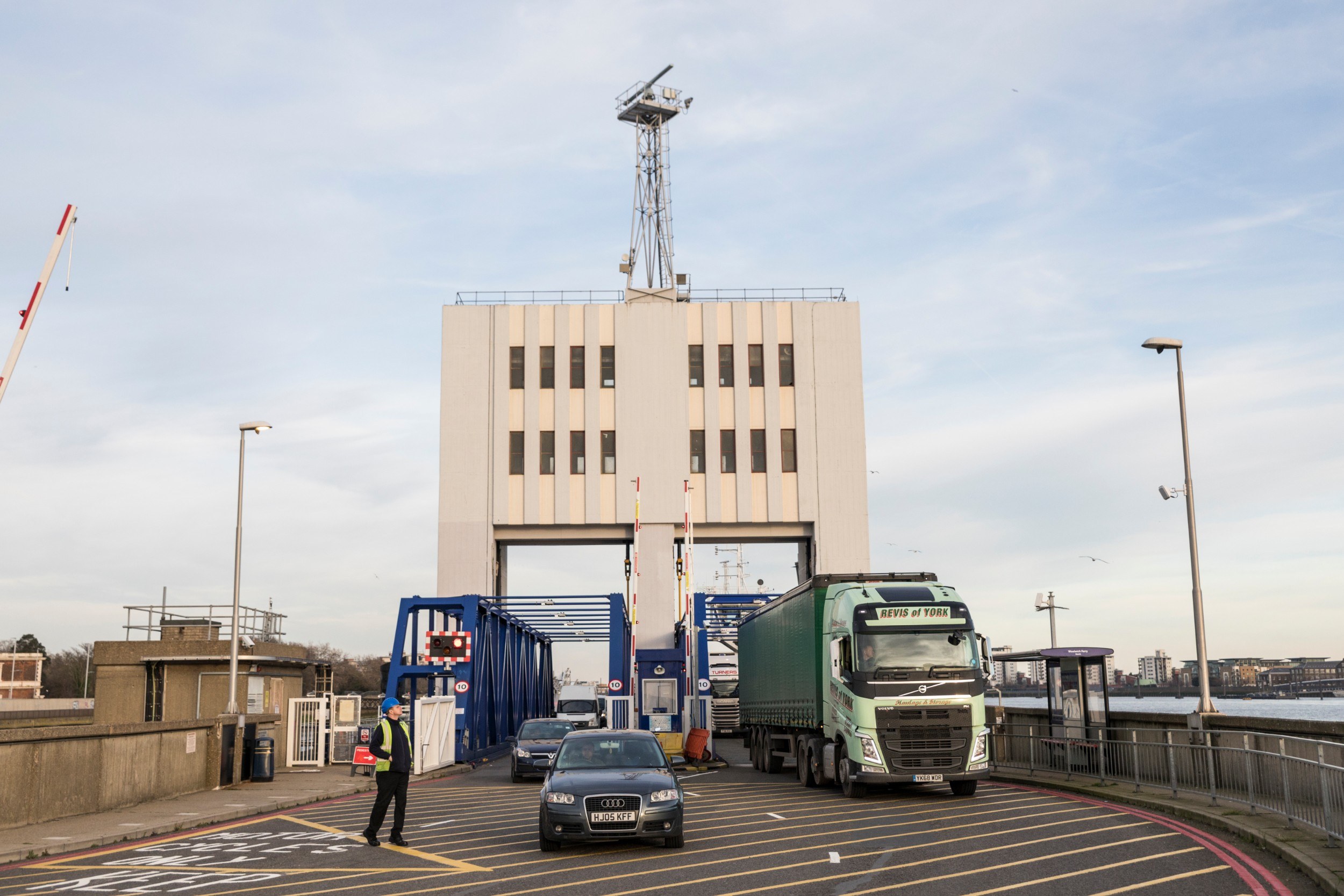 Cars and lorries departing from the Woolwich ferry