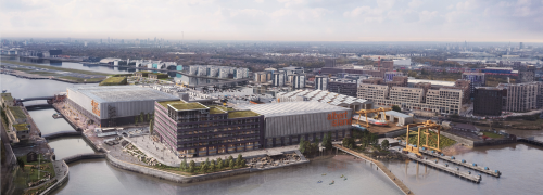 a future rendering of albert island with industrial buildings and pier