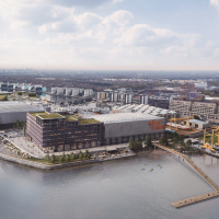 a future rendering of albert island with industrial buildings and pier