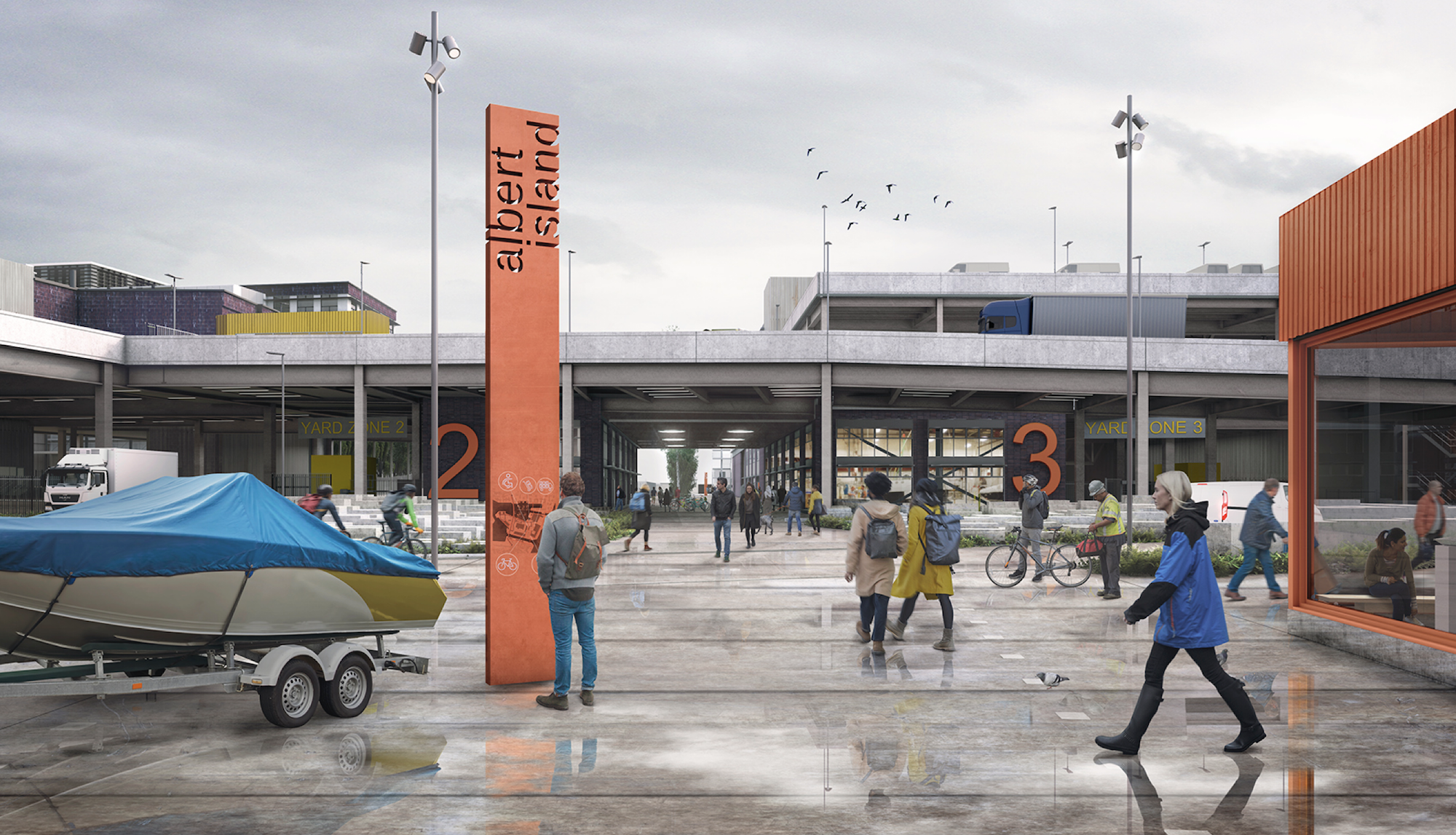 future impression of albert island seen from land, with new buildings and orange signs