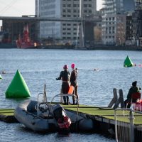 Two swimmers in wetsuits ready to dive into the dock water