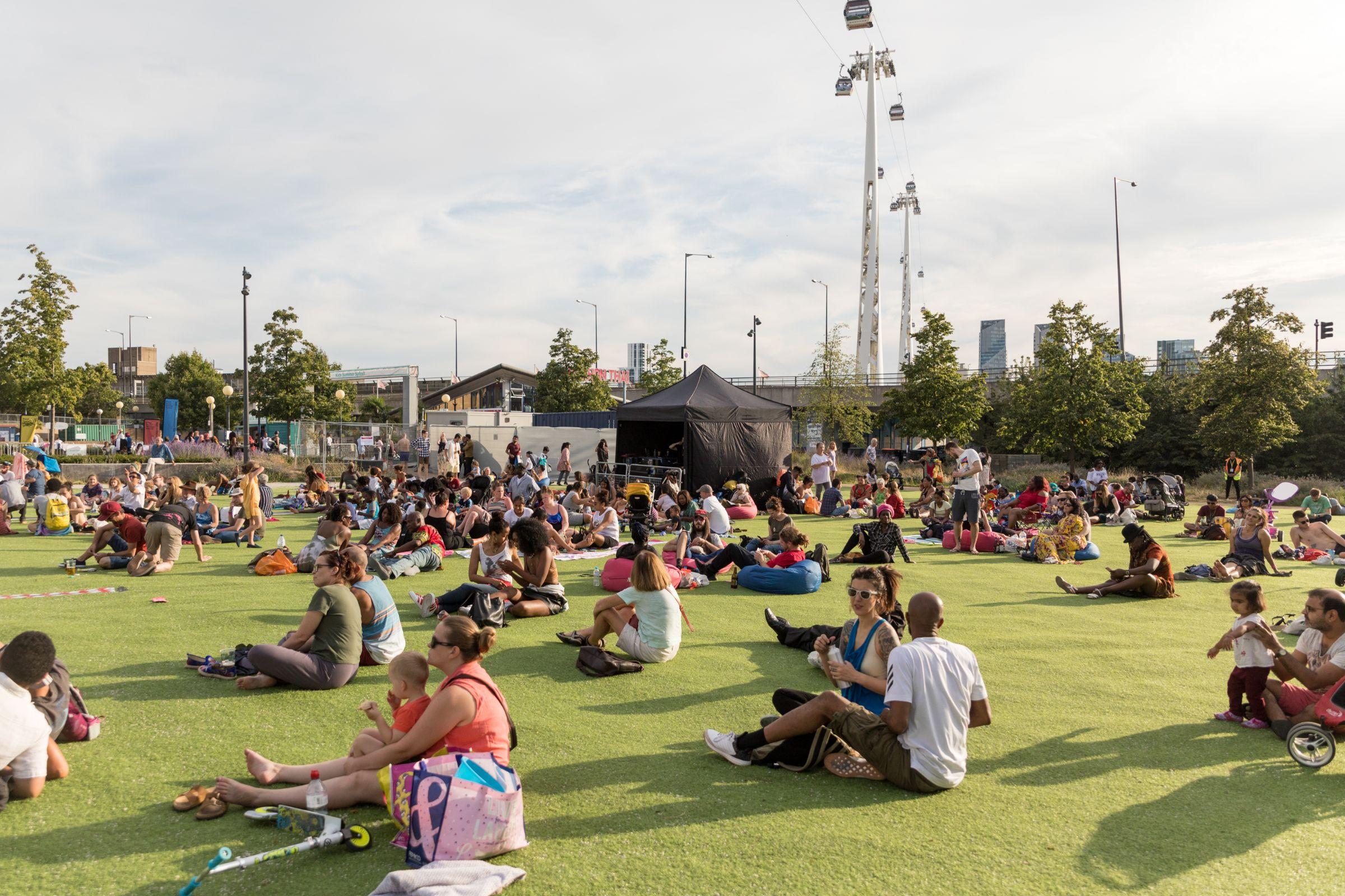 A large crowd sat on grass in the sunshine