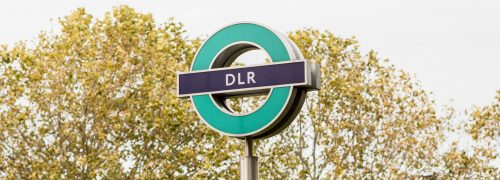 A DLR station sign in the Royal Docks