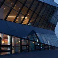 The front of The Crystal building at dusk