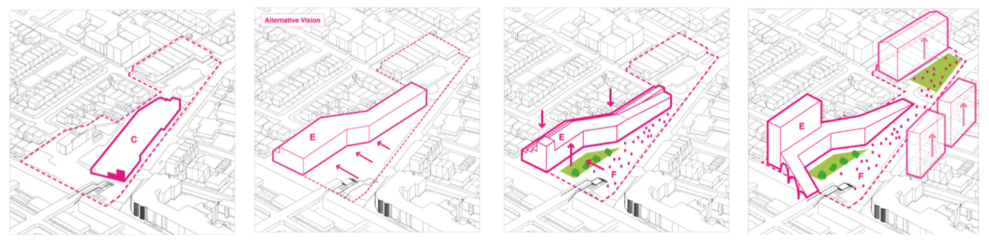 Diagram showing shopfront being moved backward, with a ramp being built into the new shopfront