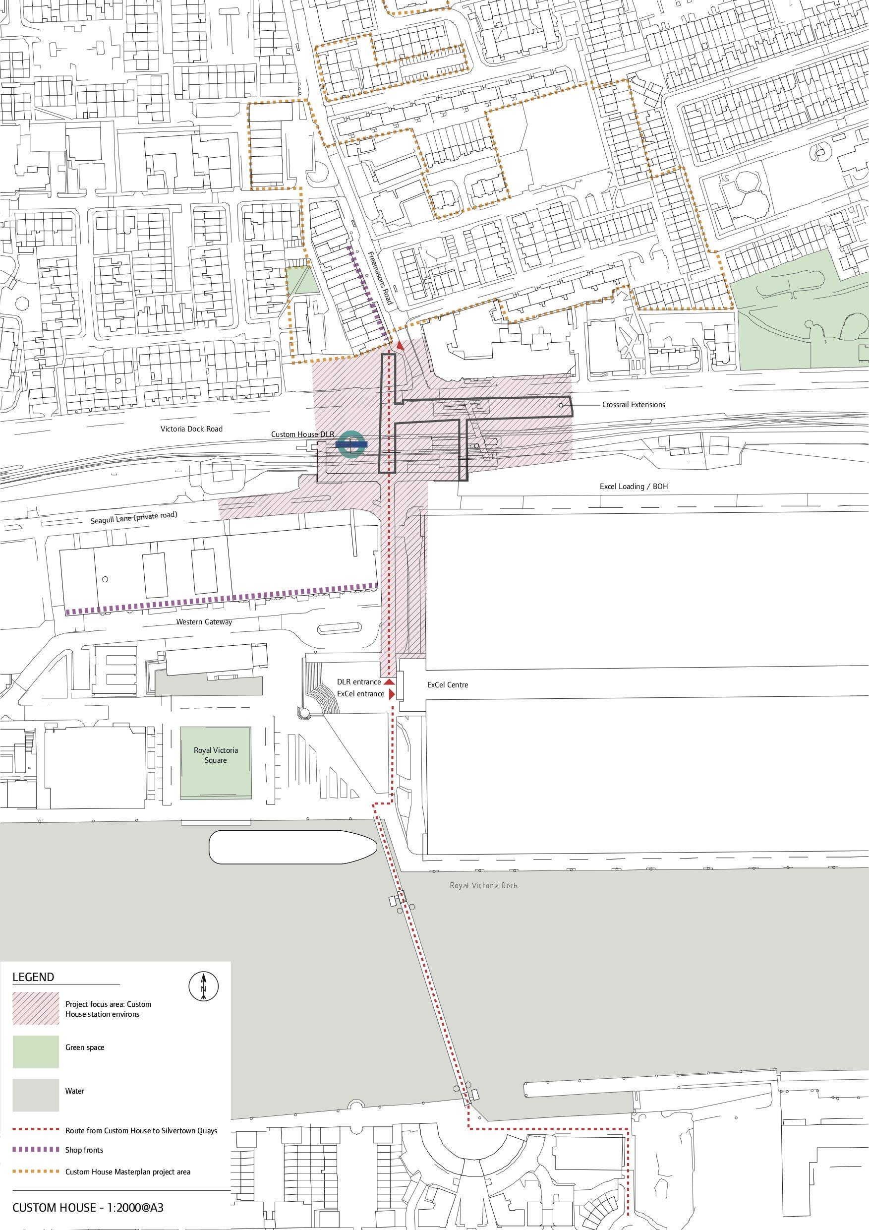 Map showing the area around Custom House station, with areas shaded just to the north and south as highlighting