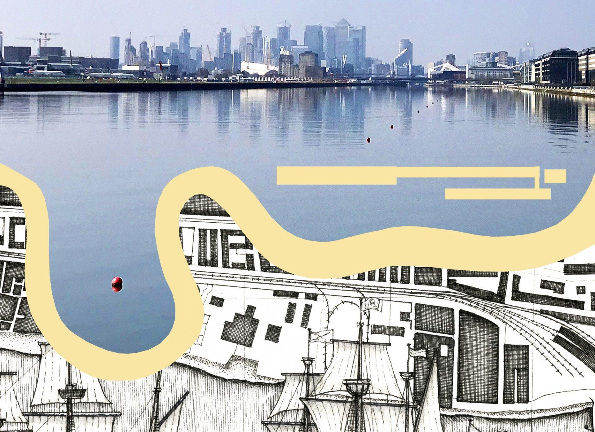 An image of the docks with Canary Wharf in the background. Underneath is an illustration of the Thames