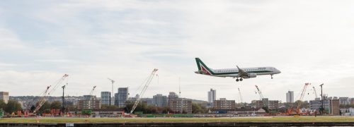 Plane coming in to land at London City Airport