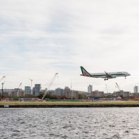 Plane coming in to land at London City Airport