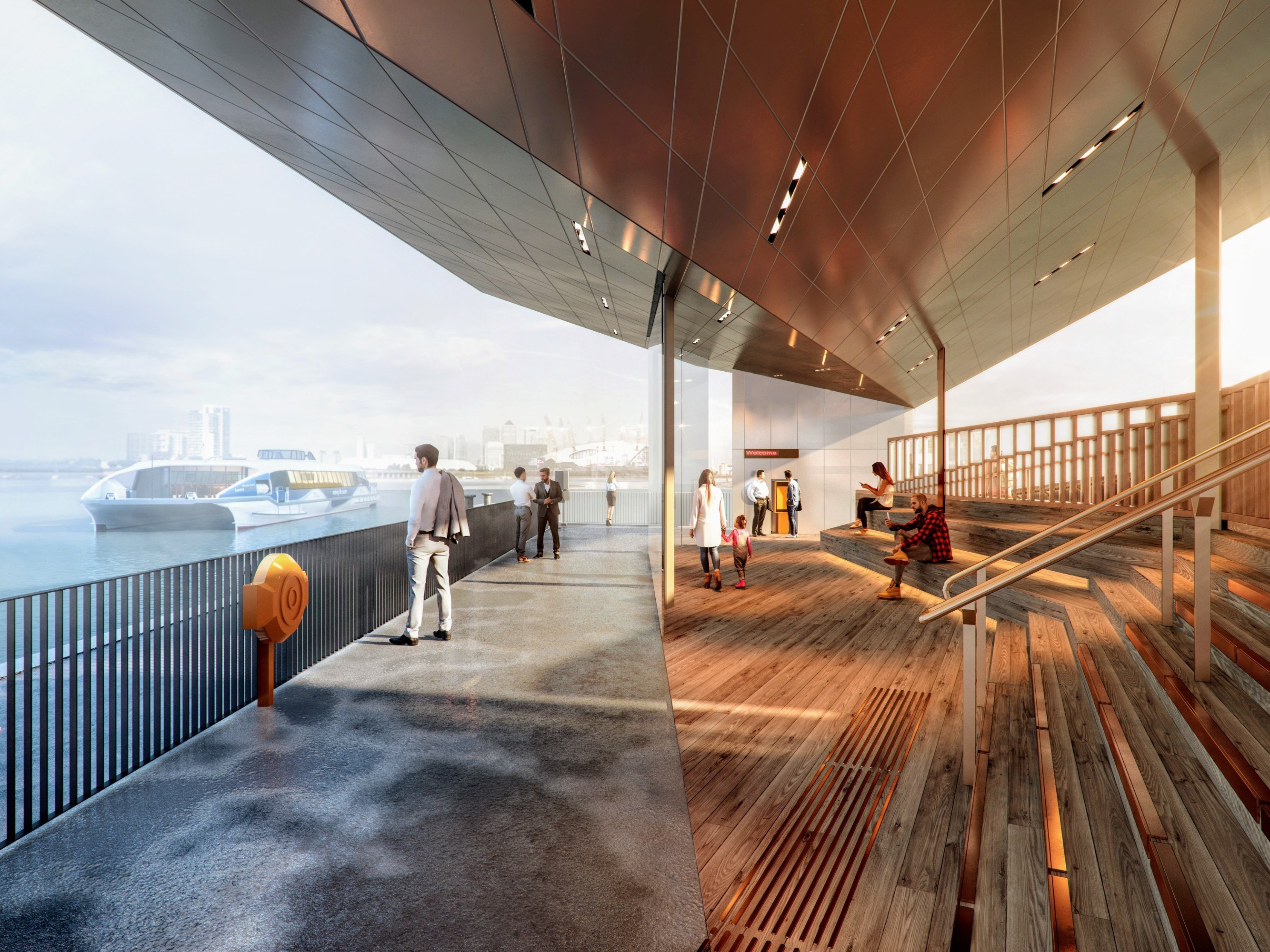 People sitting at Royal Wharf Pier