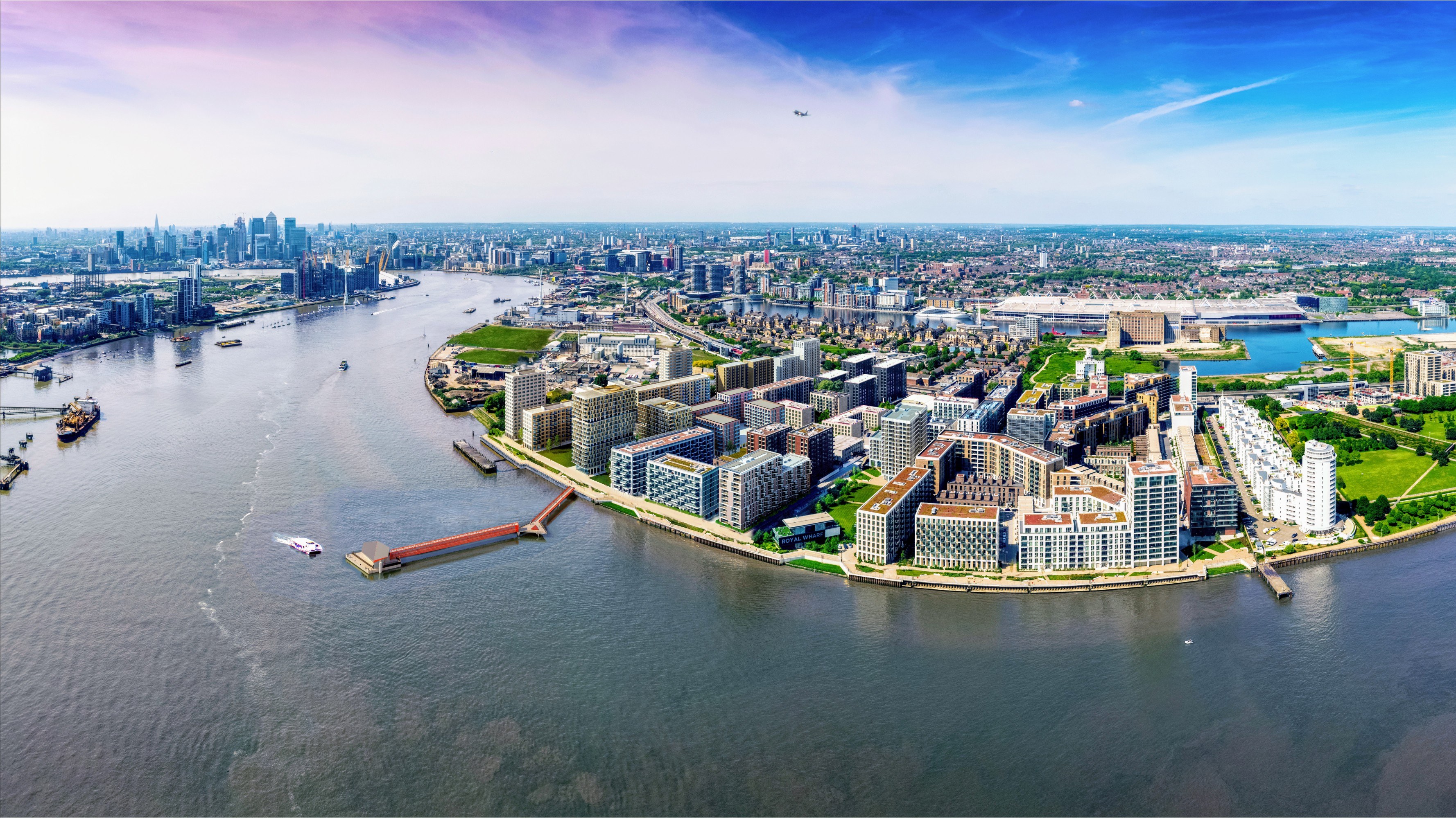 Royal Wharf pier photo taken from a drone