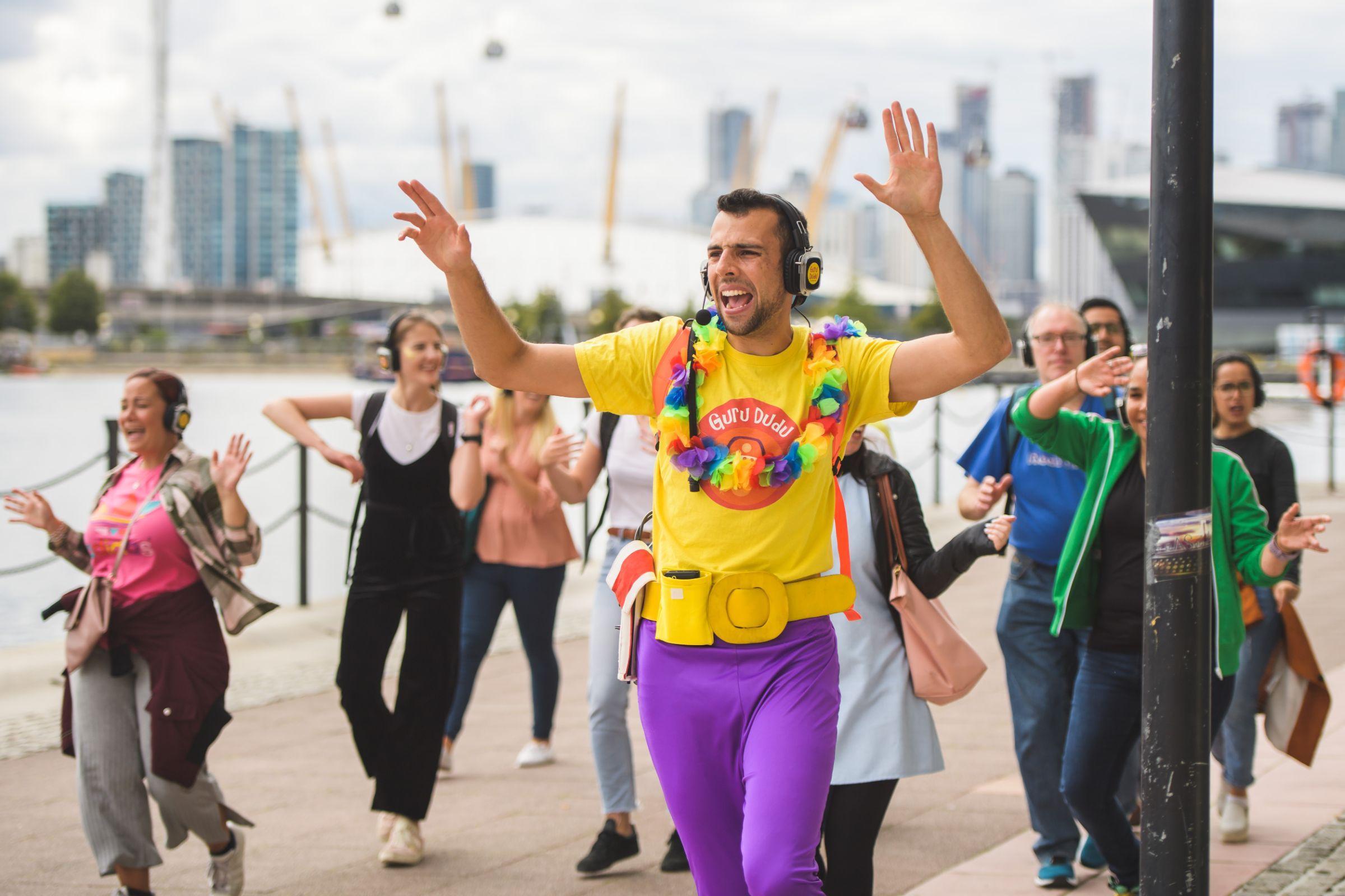 Flash mob dance party by the dockside