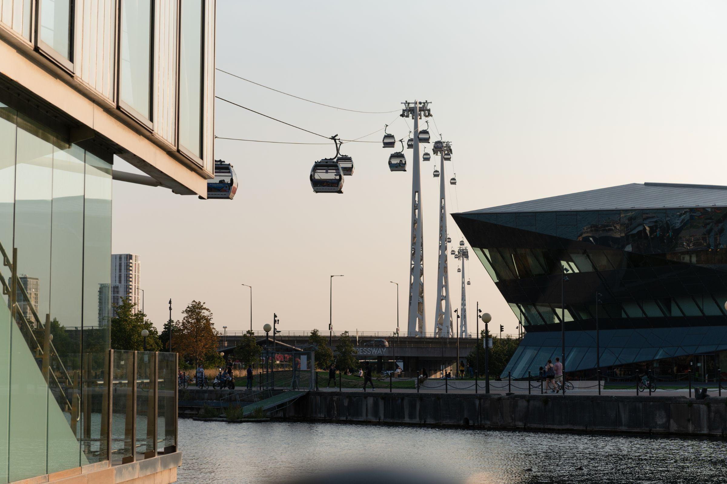 Cable car and Crystal building at sunset