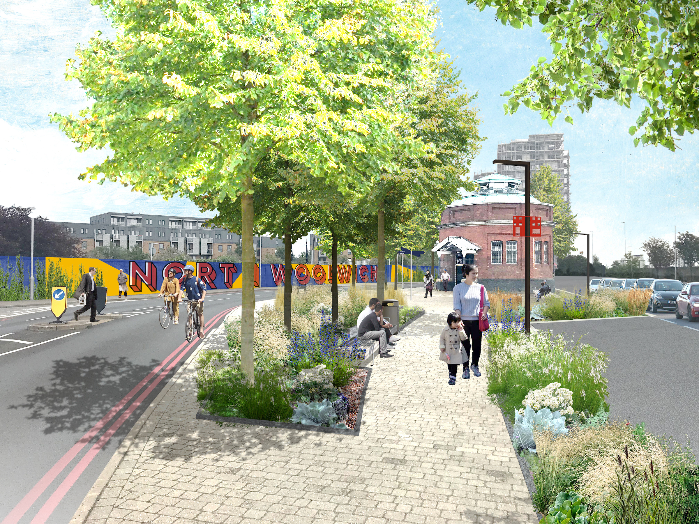 Street scene with colourful signage and planting