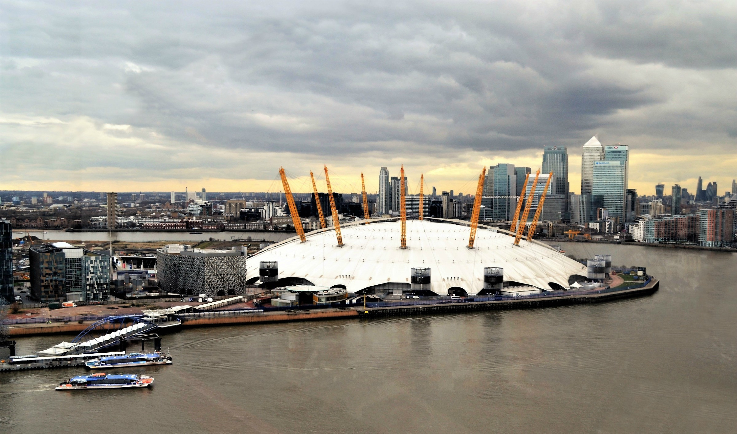 The O2 arena with Canary Wharf in the background