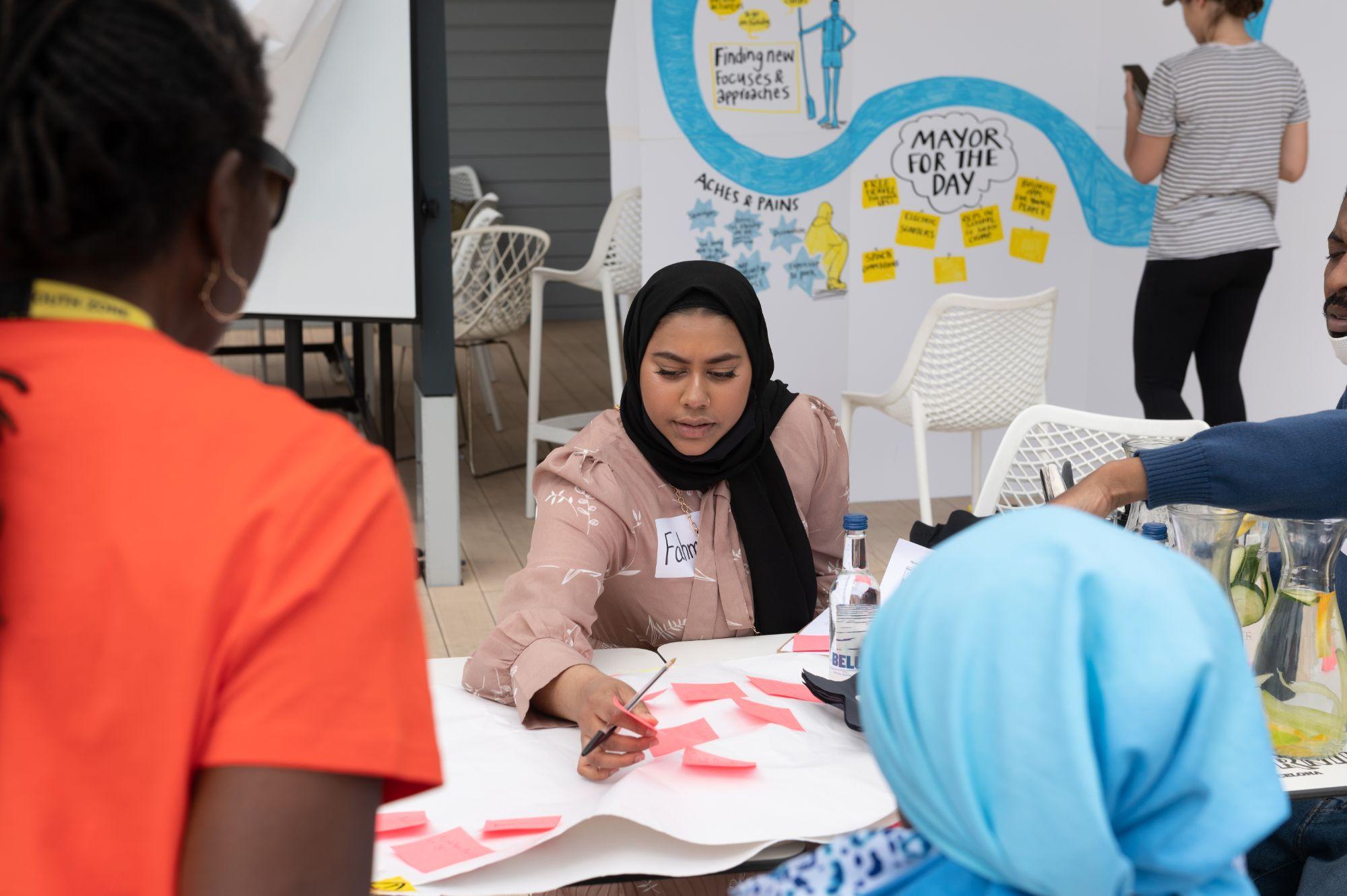 Youth network member in hijab and pink blouse writing on postits