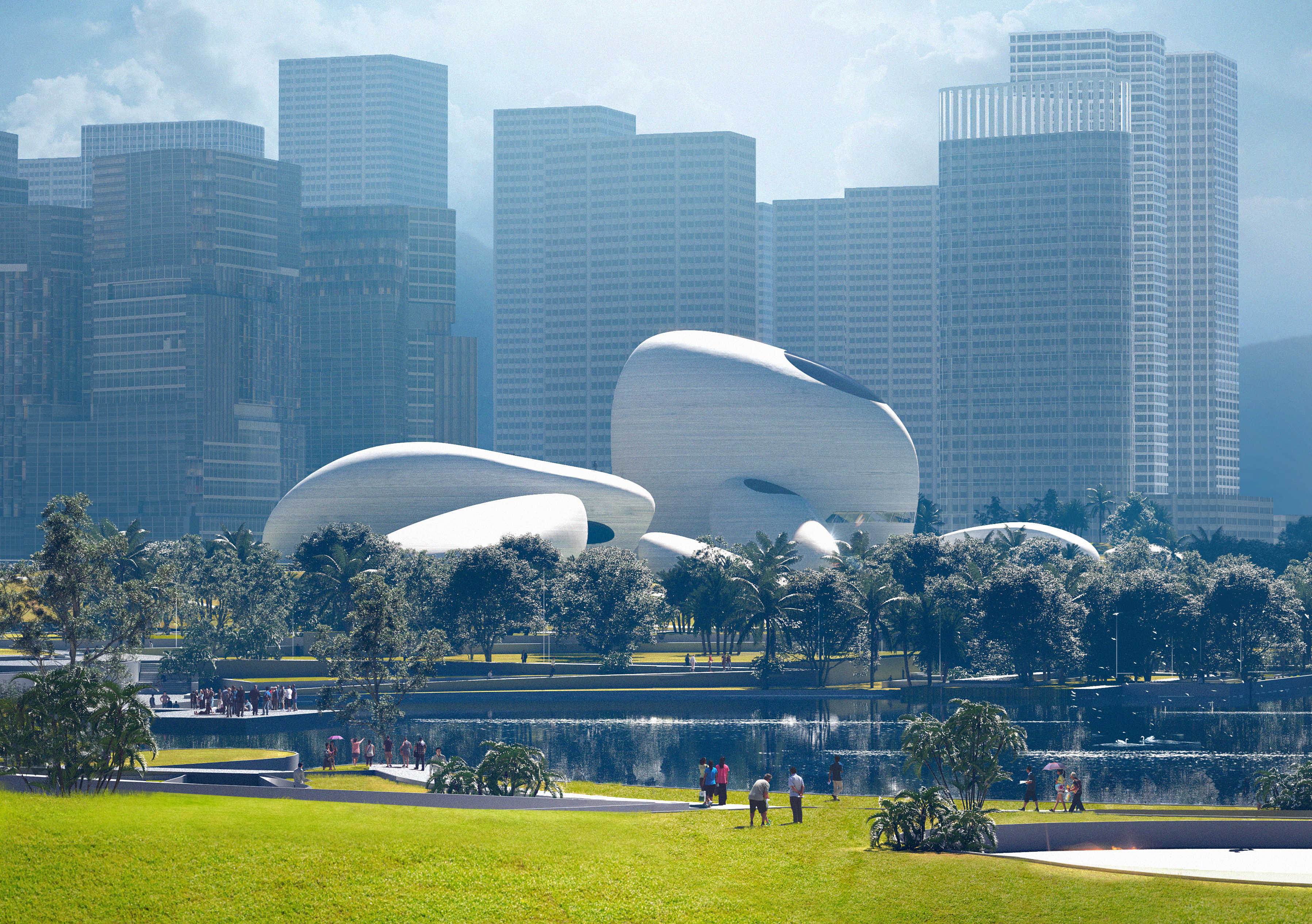 Futuristic buildings shaped like smooth stones at Shenzhen Bay Cultural Park