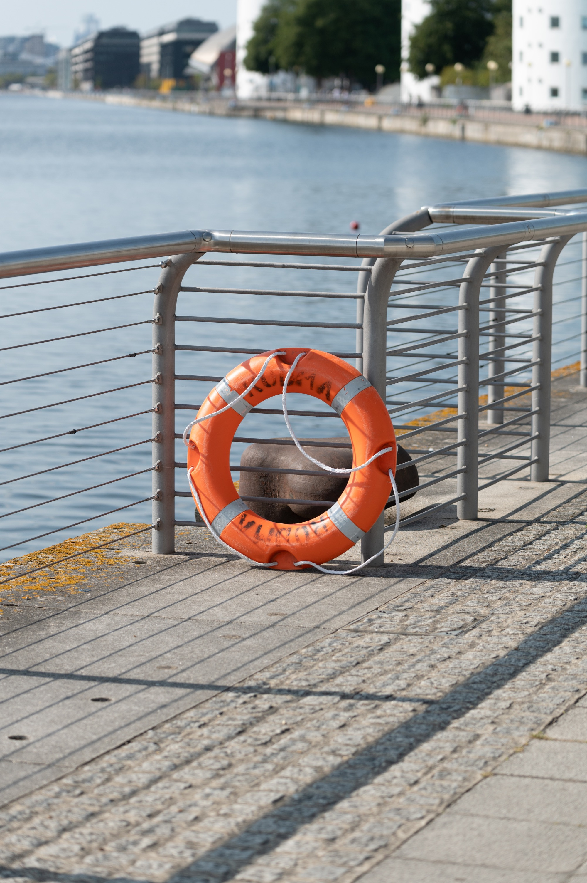 Royal Docks waterside with railing and life buoy