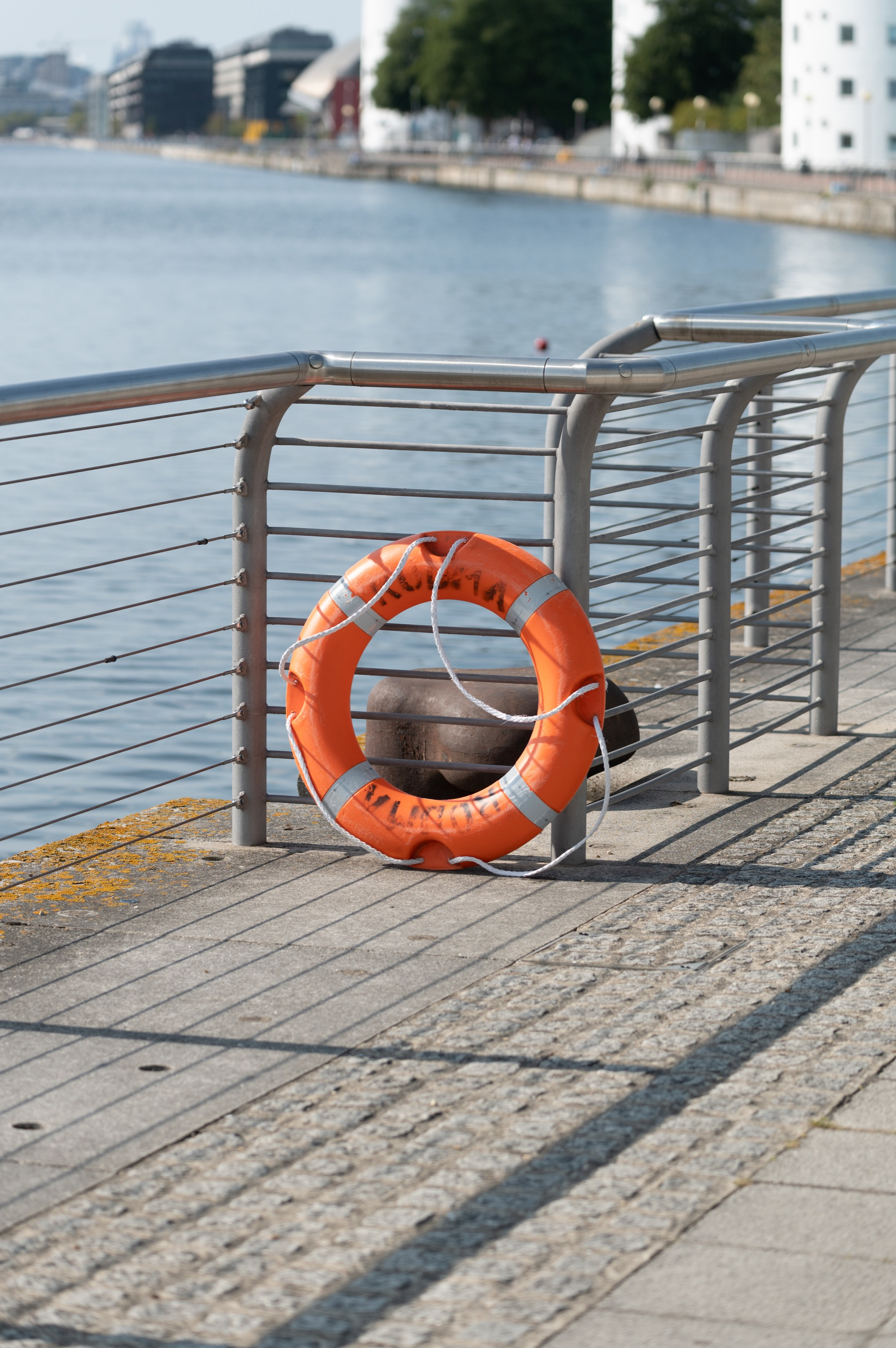 Royal Docks waterside with railing and life buoy