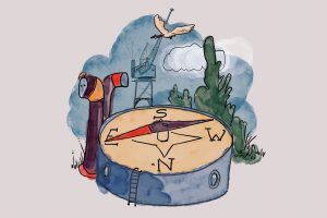 An illustration of a compass pointing East