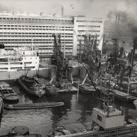 A black and white image of the Royal Docks