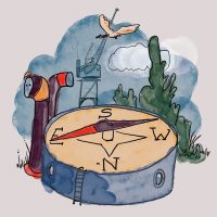 An illustration of a compass pointing East